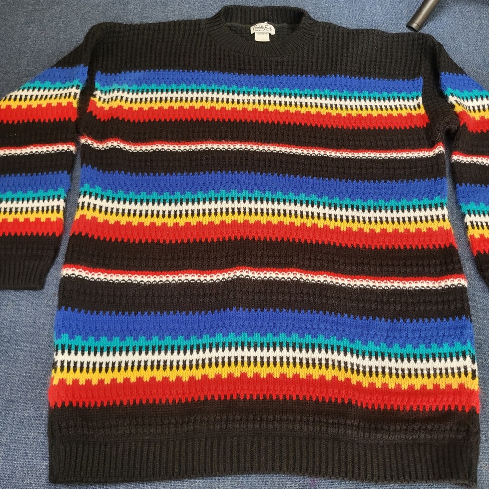 Vintage Cuddle Knit Striped Sweater Mens Large Black Multi Color Made in USA 80s